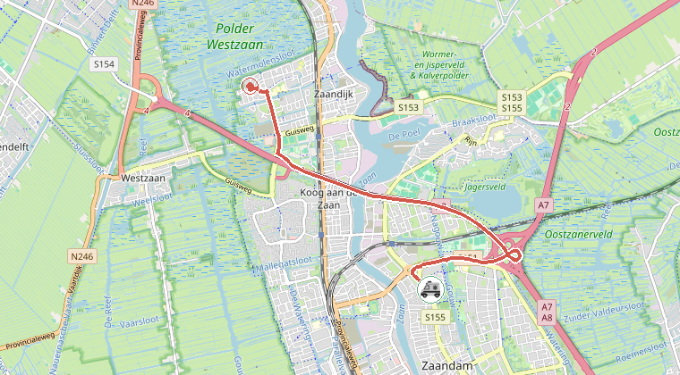 Kaart van de omgeving van de melding, met de kazerne die is gealarmeerd