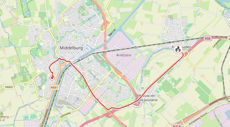 Kaart van de omgeving van de melding, met de kazerne die is gealarmeerd