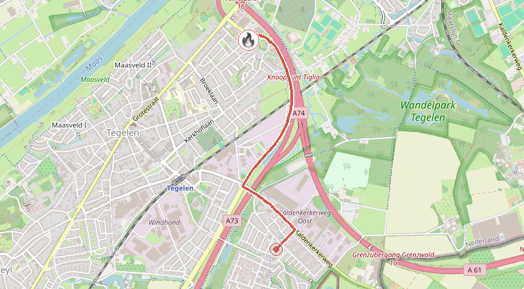 Kaart van de omgeving van de melding, met de kazerne die is gealarmeerd