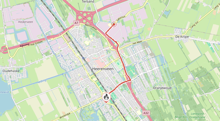 Kaart van de omgeving van de melding, met de kazerne die is gealarmeerd