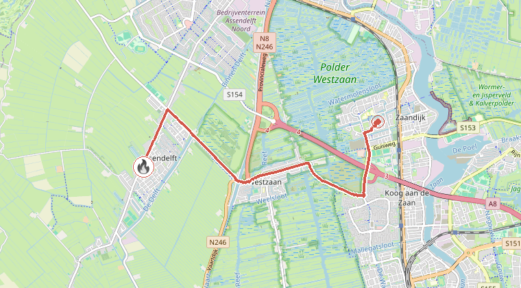 Kaart van de omgeving van de melding, met de kazerne die is gealarmeerd