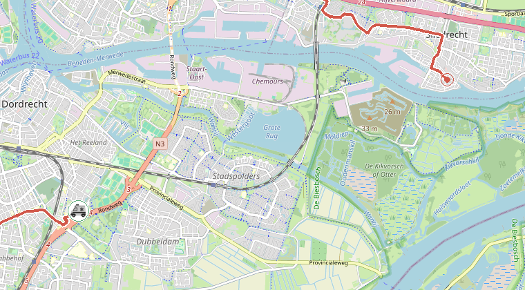 Kaart van de omgeving van de melding, met de kazerne die is gealarmeerd