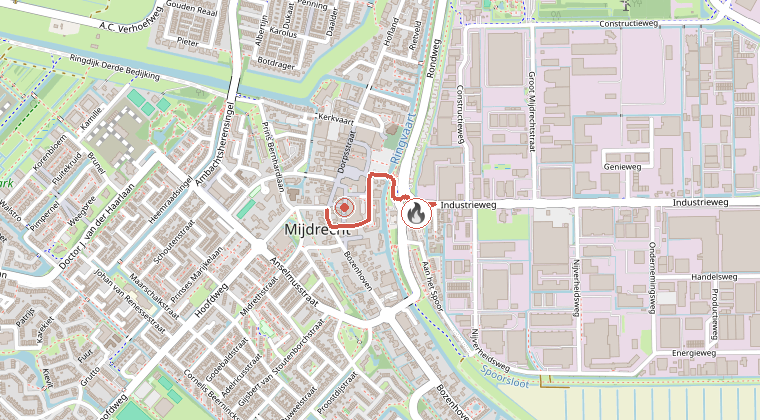 Kaart van de omgeving van de melding, met de kazerne die is gealarmeerd
