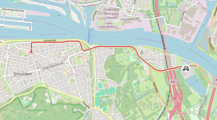 Kaart van de omgeving van de melding, met de kazerne die is gealarmeerd