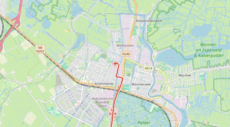 Kaart van de omgeving van de melding, met de kazerne die is gealarmeerd