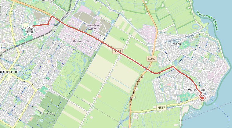 Kaart van de omgeving van de melding, met de kazerne die is gealarmeerd
