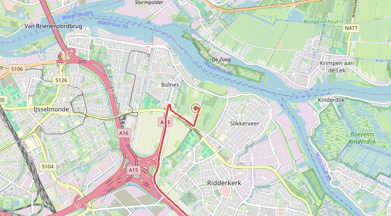 Kaart van de omgeving van de melding, met de kazerne die is gealarmeerd
