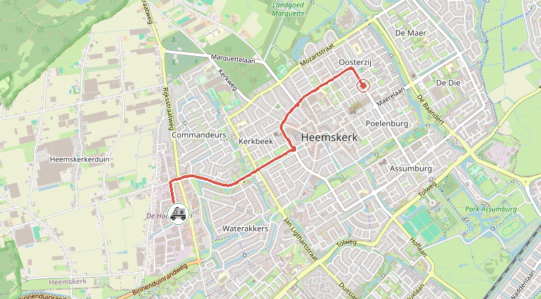 Kaart van de omgeving van de melding, met de kazerne die is gealarmeerd