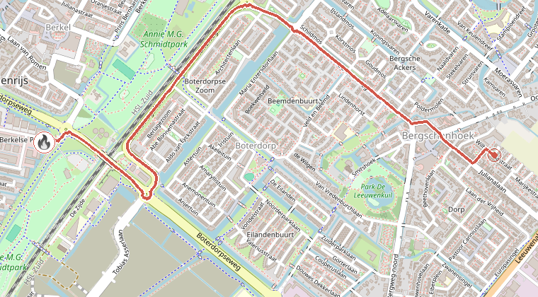 Kaart van de omgeving van de melding, met de kazerne die is gealarmeerd