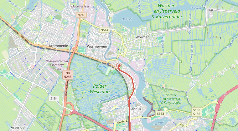 Kaart van de omgeving van de melding, met de kazerne die is gealarmeerd