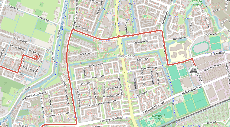 Kaart van de omgeving van de melding, met de kazerne die is gealarmeerd
