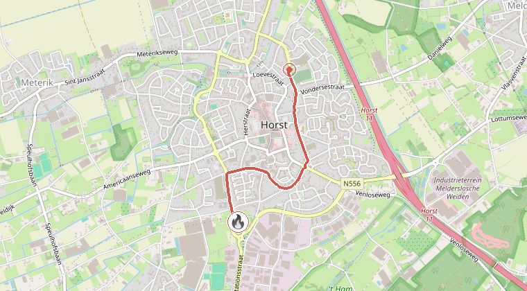 Kaart van de omgeving van de melding, met de kazerne die is gealarmeerd