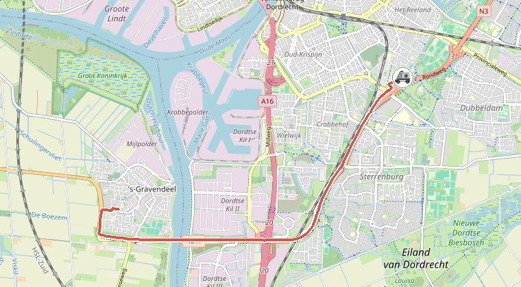Kaart van de omgeving van de melding, met de kazerne die is gealarmeerd