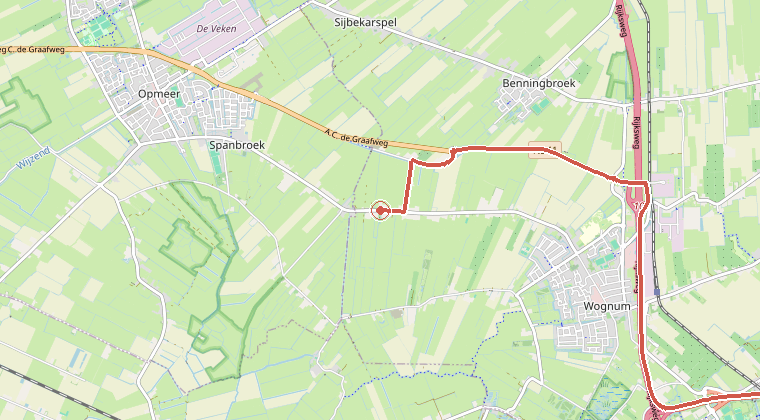 Kaart van de omgeving van de melding, met de kazerne die is gealarmeerd