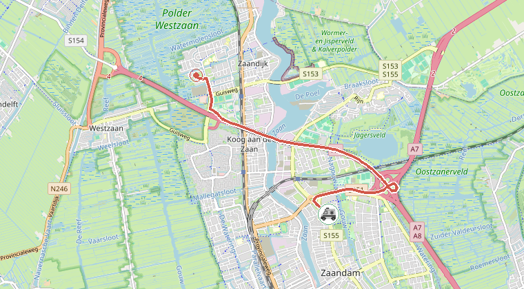 Kaart van de omgeving van de melding, met de kazerne die is gealarmeerd