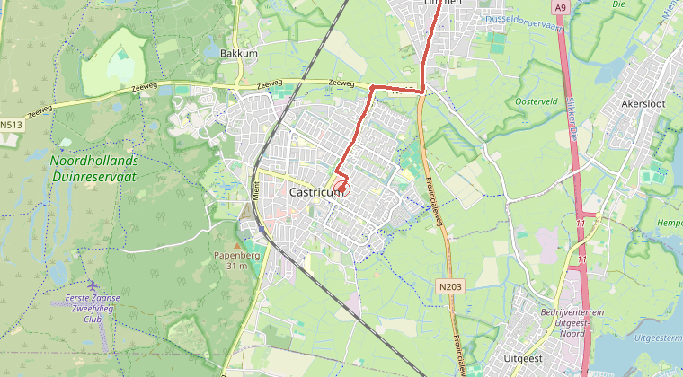Kaart van de omgeving van de melding, met de kazerne die is gealarmeerd