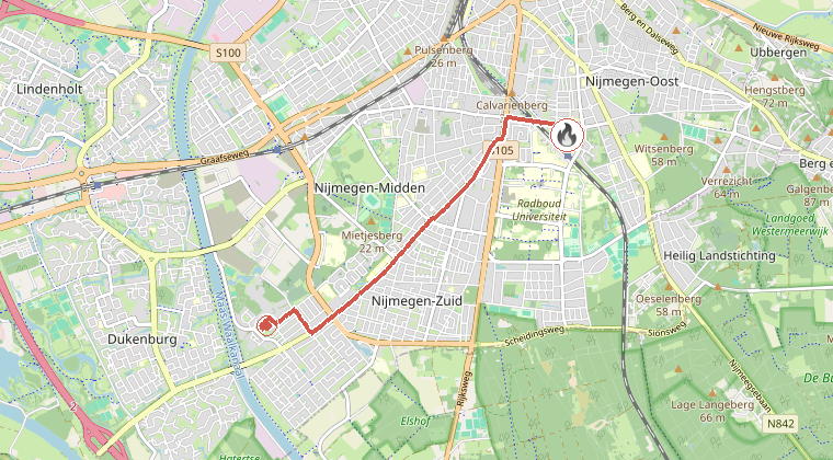 Kaart van de omgeving van de melding, met de kazerne die is gealarmeerd