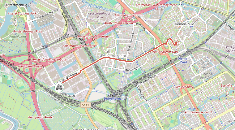 Kaart van de omgeving van de melding, met de kazerne die is gealarmeerd