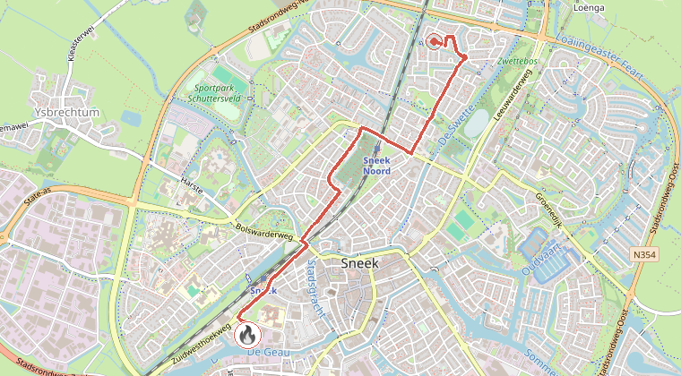 Kaart van de omgeving van de melding, met de kazerne die is gealarmeerd
