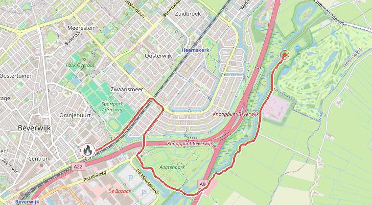 Kaart van de omgeving van de melding, met de kazerne die is gealarmeerd