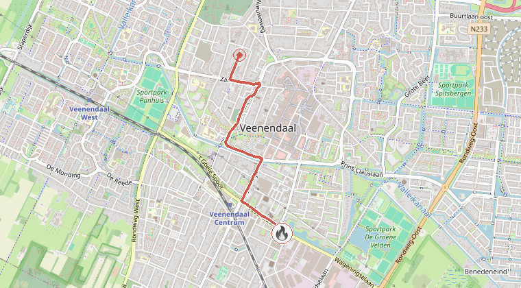 Kaart van de omgeving van de melding, met de kazerne die is gealarmeerd