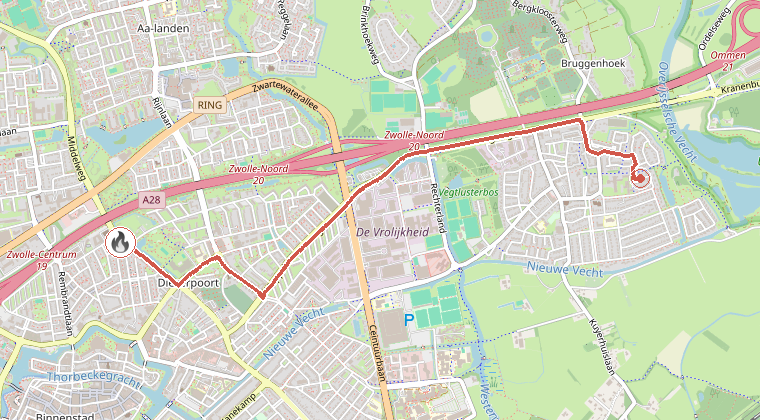 Kaart van de omgeving van de melding, met de kazerne die is gealarmeerd