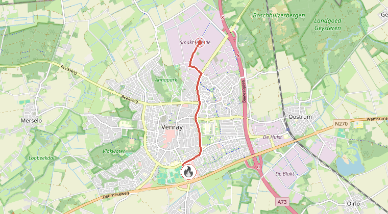 Kaart van de omgeving van de melding, met de kazerne die is gealarmeerd