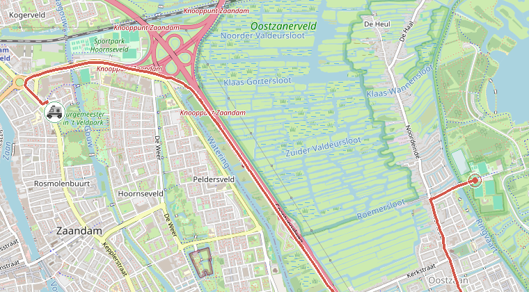 Kaart van de omgeving van de melding, met de kazerne die is gealarmeerd