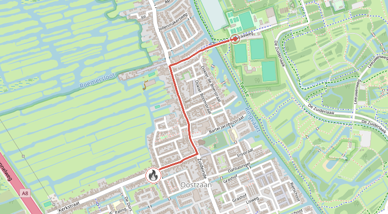 Kaart van de omgeving van de melding, met de kazerne die is gealarmeerd