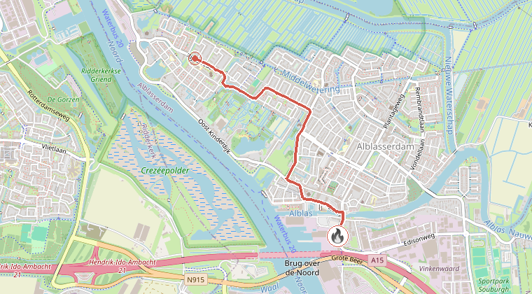 Kaart van de omgeving van de melding, met de kazerne die is gealarmeerd