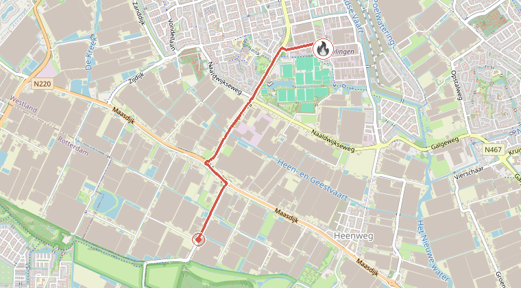 Kaart van de omgeving van de melding, met de kazerne die is gealarmeerd