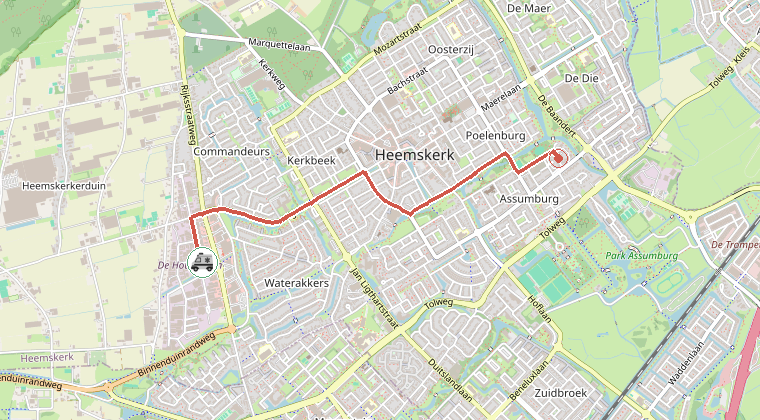 Kaart van de omgeving van de melding, met de kazerne die is gealarmeerd