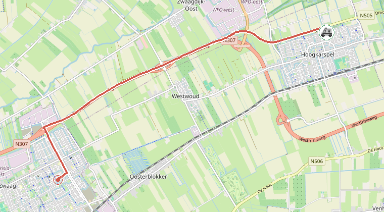 Kaart van de omgeving van de melding, met de kazerne die is gealarmeerd