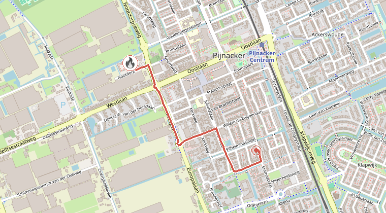 Kaart van de omgeving van de melding, met de kazerne die is gealarmeerd