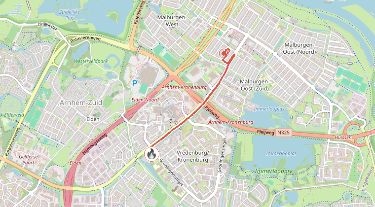 Kaart van de omgeving van de melding, met de kazerne die is gealarmeerd