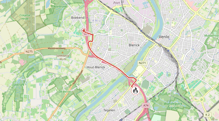Kaart van de omgeving van de melding, met de kazerne die is gealarmeerd