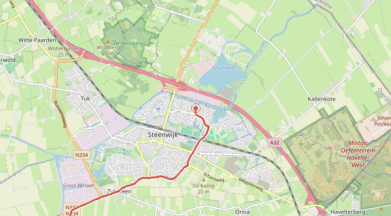 Kaart van de omgeving van de melding, met de kazerne die is gealarmeerd