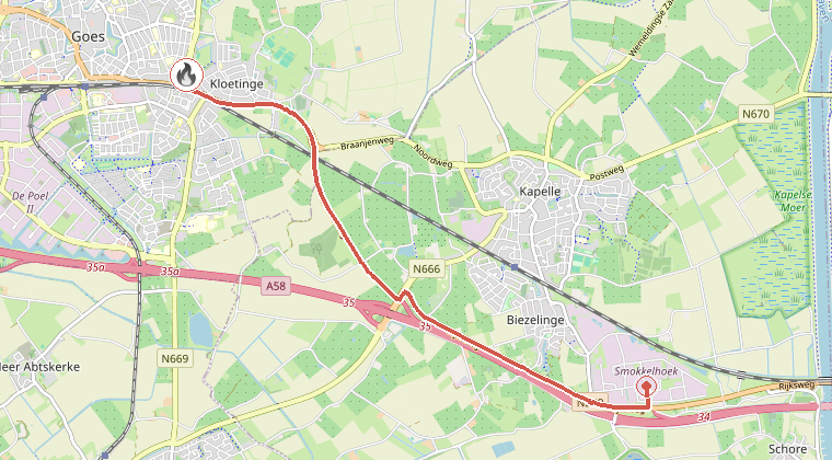 Kaart van de omgeving van de melding, met de kazerne die is gealarmeerd