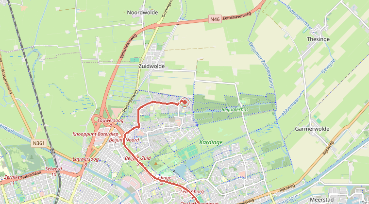 Kaart van de omgeving van de melding, met de kazerne die is gealarmeerd