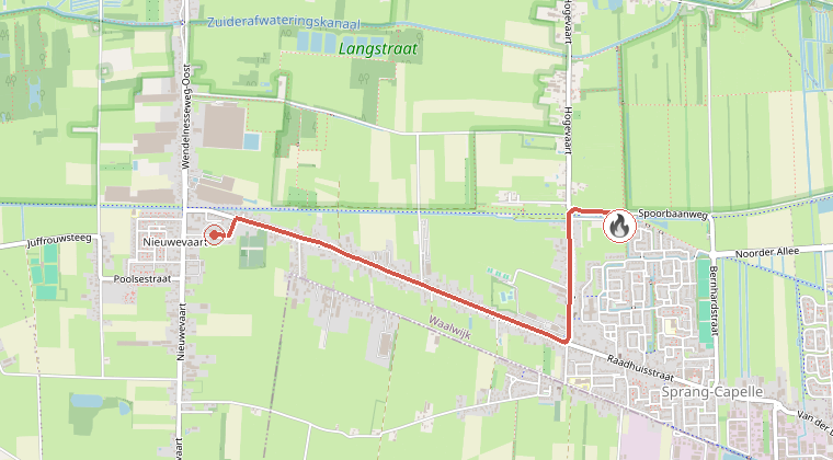 Kaart van de omgeving van de melding, met de kazerne die is gealarmeerd