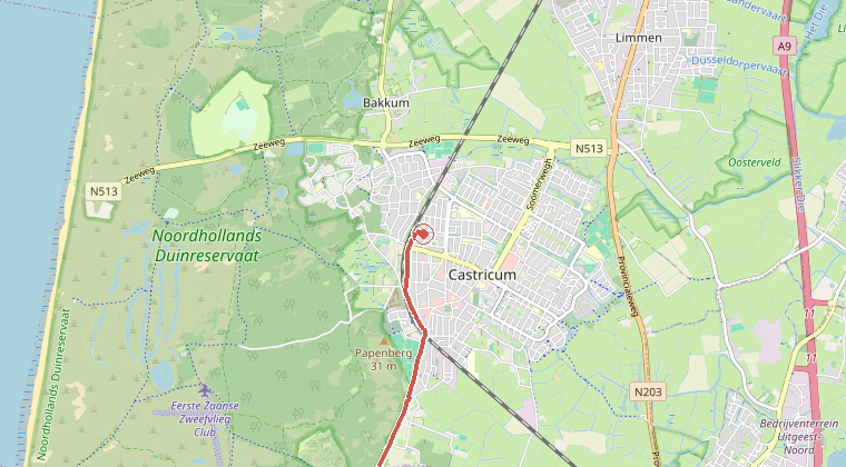 Kaart van de omgeving van de melding, met de kazerne die is gealarmeerd