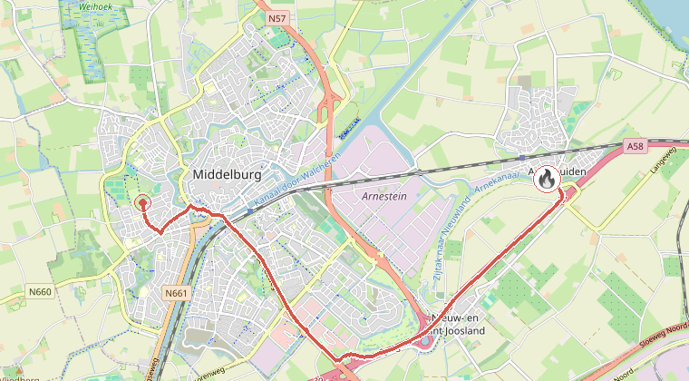 Kaart van de omgeving van de melding, met de kazerne die is gealarmeerd