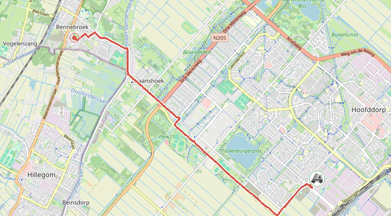 Kaart van de omgeving van de melding, met de kazerne die is gealarmeerd