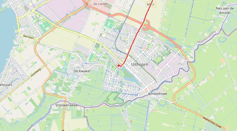 Kaart van de omgeving van de melding, met de kazerne die is gealarmeerd