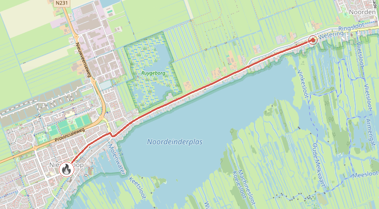 Kaart van de omgeving van de melding, met de kazerne die is gealarmeerd