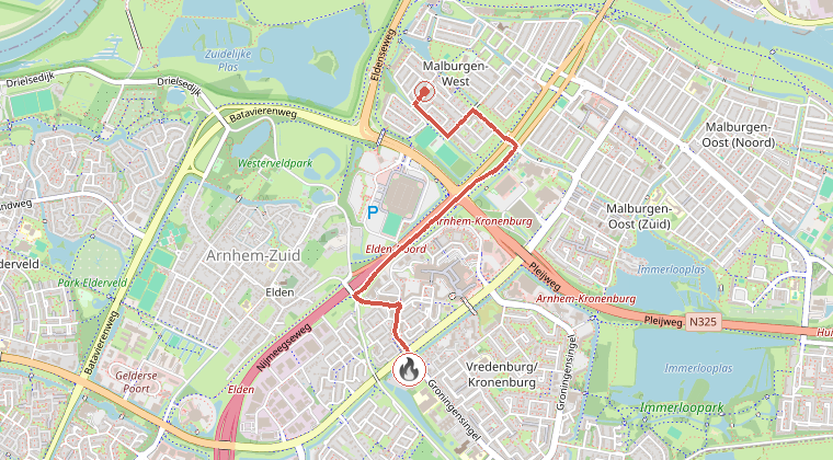 Kaart van de omgeving van de melding, met de kazerne die is gealarmeerd