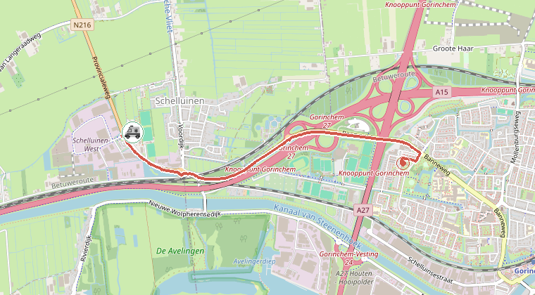 Kaart van de omgeving van de melding, met de kazerne die is gealarmeerd