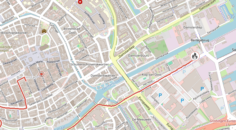 Kaart van de omgeving van de melding, met de kazerne die is gealarmeerd