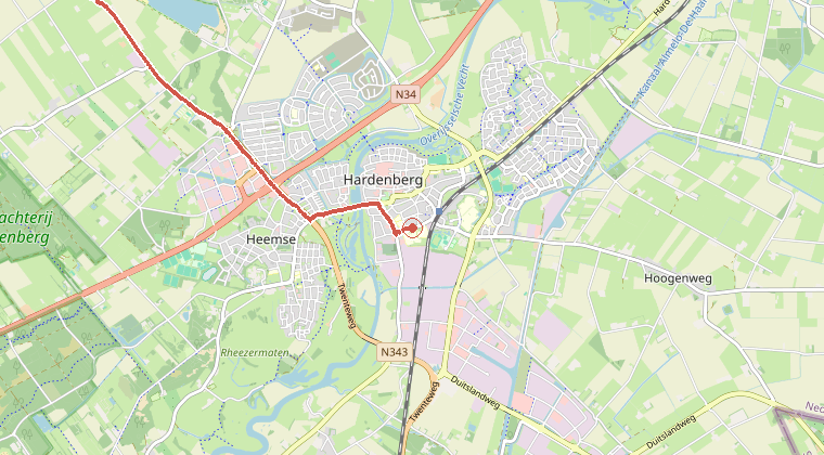 Kaart van de omgeving van de melding, met de kazerne die is gealarmeerd