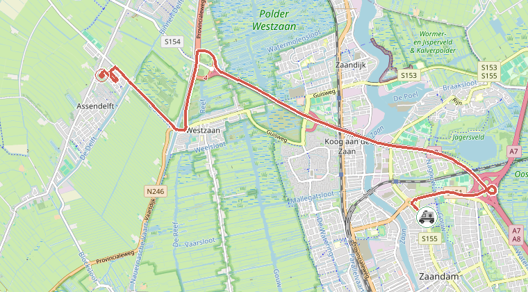 Kaart van de omgeving van de melding, met de kazerne die is gealarmeerd